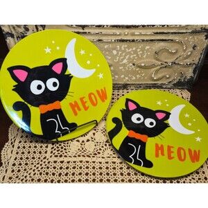 Set of 3 Vintage Halloween Melamine Plates Black Cat Moon & Stars 9" (read)